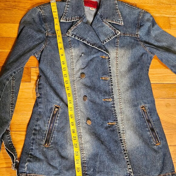 Womans distressed utility military style double breasted button up cotton denim - Picture 6 of 12